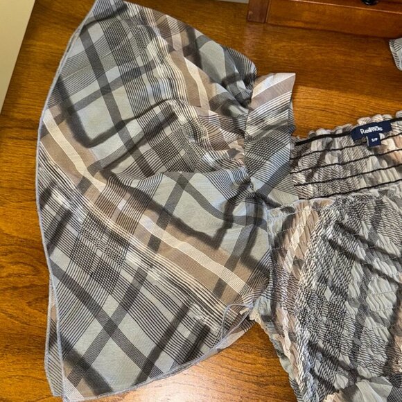 Reitmans brown black white plaid peasant bohemian shirt top flutter sleeve - Picture 6 of 11